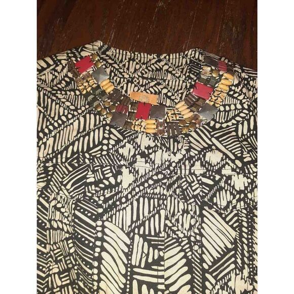 10P Petite Ruby Rd Denim Tribal Print Tan Black Jacket Heavy Shirt Beaded Collar - Picture 3 of 4